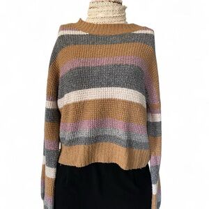 Hippie Rose Woman’s Crop Striped Sweater in Brown, Pink, and Gray